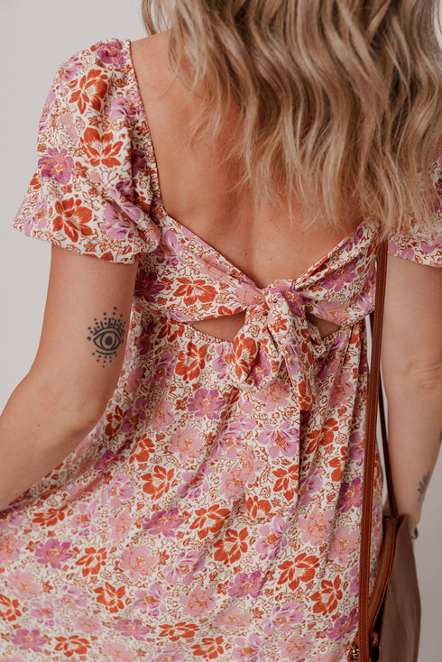 Pink Floral Square Neck Knotted Ruffle Midi Dress